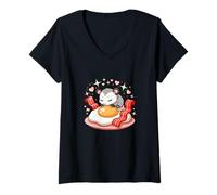 Femme Petit Dejeuner Opossum Mignon Oeuf Bacon Kawaii T-Shirt avec Col en V