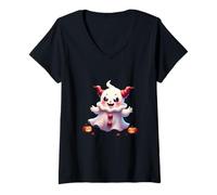 Femme Petit fantôme Halloween Clown maléfique Style Kawaii T-Shirt avec Col en V