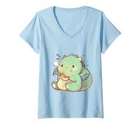 Femme Petit T-Rex utilisant des Baguettes Chibi Ramen Adorable Art T-Shirt avec Col en V