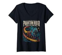 Femme Phantom Space Rider Galop Traversée de feu à travers les étoiles T-Shirt avec Col en V
