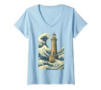 Femme Phare Breton La Grande Vague au Large Kanagawa Hokusai Art T-Shirt avec Col en V, Bleu Céleste, M