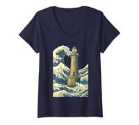 Femme Phare Breton La Grande Vague au Large Kanagawa Hokusai Art T-Shirt avec Col en V, Bleu Marine, M