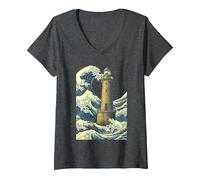 Femme Phare Breton La Grande Vague au Large Kanagawa Hokusai Art T-Shirt avec Col en V, Chiné Foncé, M