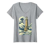 Femme Phare Breton La Grande Vague au Large Kanagawa Hokusai Art T-Shirt avec Col en V, Gris Chiné, M