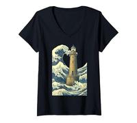 Femme Phare Breton La Grande Vague au Large Kanagawa Hokusai Art T-Shirt avec Col en V, Noir, M