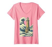 Femme Phare Breton La Grande Vague au Large Kanagawa Hokusai Art T-Shirt avec Col en V, Rose, XL