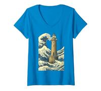 Femme Phare Breton La Grande Vague au Large Kanagawa Hokusai Art T-Shirt avec Col en V, Saphir, M