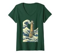 Femme Phare Breton La Grande Vague au Large Kanagawa Hokusai Art T-Shirt avec Col en V, Vert Forêt, M
