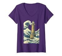 Femme Phare Breton La Grande Vague au Large Kanagawa Hokusai Art T-Shirt avec Col en V, Violet, M
