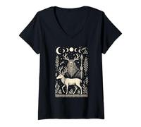 Femme Phases de Lune mystiques Dieu de la forêt et cerf Art Populaire T-Shirt avec Col en V