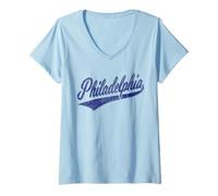Femme Philadelphie Varsity Script Classique Jersey Sporty Style T-Shirt avec Col en V