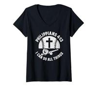Femme Philippians 4:13 Christian Faith joueur de baseball entraîneur fan T-Shirt avec Col en V