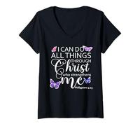 Femme Philippians 413 I Can Do All Things Through Christ Christian T-Shirt avec Col en V