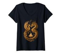 Femme Phoenix et Dragon Symbole Infini Mythique Harmonie Design T-Shirt avec Col en V