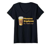 Femme Phonemes Graphemes and Cafeine Funny Coffee Teacher T-Shirt avec Col en V