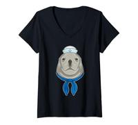 Femme Phoque Marin Casquette de Marin T-Shirt avec Col en V