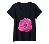 Femme Photo géante Fleur de Coquelicot Rose T-Shirt avec Col en V