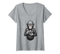 Femme Photographe chimpanzé Explorer Retro Jungle Camera Art T-Shirt avec Col en V
