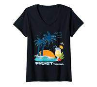 Femme Phuket Palmiers Coucher de Soleil Cocktail Plage Thaïlande T-Shirt avec Col en V