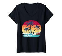 Femme Phuket Palmiers Plage Coucher de Soleil Cocktail Thaïlande T-Shirt avec Col en V