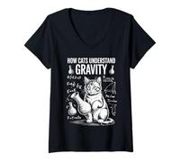 Femme Physique des Chats Comment Les Chats comprennent la gravité | Funny Cat T-Shirt avec Col en V