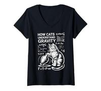 Femme Physique des Chats Comment Les Chats comprennent la gravité | Funny Cat T-Shirt avec Col en V