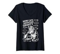 Femme Physique des Chats Comment Les Chats comprennent la gravité | Funny Cat T-Shirt avec Col en V