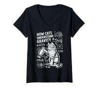 Femme Physique des Chats Comment Les Chats comprennent la gravité | Funny Cat T-Shirt avec Col en V