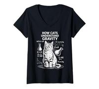 Femme Physique des Chats Comment Les Chats comprennent la gravité | Funny Cat T-Shirt avec Col en V