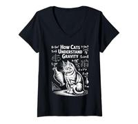 Femme Physique des Chats Comment Les Chats comprennent la gravité | Funny Cat T-Shirt avec Col en V