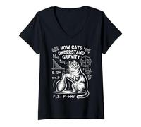 Femme Physique des Chats Comment Les Chats comprennent la gravité | Funny Cat T-Shirt avec Col en V
