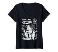 Femme Physique des Chats Comment Les Chats comprennent la gravité | Funny Cat T-Shirt avec Col en V