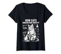 Femme Physique des Chats Comment Les Chats comprennent la gravité | Funny Cat T-Shirt avec Col en V