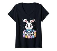 Femme Pianiste Pianiste Pâques Lapin Oeufs Mignon Printemps T-Shirt avec Col en V