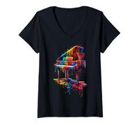 Femme Piano Colorful Drip T-Shirt avec Col en V