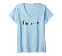 Femme Piano - Cœur T-Shirt avec Col en V