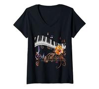 Femme Piano Musicalement Fleur d'or T-Shirt avec Col en V