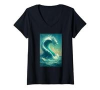 Femme Pièce d'art Fantastique Dynamique Ocean Dragon Wave Crest T-Shirt avec Col en V