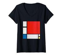 Femme Piet Mondrian Composition with Red, Blue and Yellow T-Shirt avec Col en V