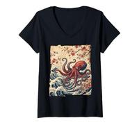 Femme Pieuvre Japonaise Vague de l'océan Sakura Art T-Shirt avec Col en V