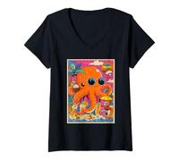 Femme Pieuvre Mignonne avec Lunettes de Soleil Tropicales d'été Plage rêveuse T-Shirt avec Col en V