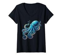 Femme Pieuvre Mignonne Illustration Cartoon Océan T-Shirt avec Col en V