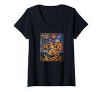 Femme Pig Art on America, 250e Anniversaire du 4 Juillet, Ferme au Drapeau des États-Unis T-Shirt avec Col en V