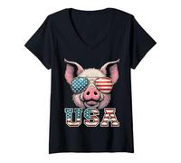 Femme Pig USA 4 Juillet Drapeau américain Patriotique T-Shirt avec Col en V