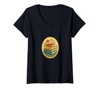 Femme Pile à Livres Florale Vintage, Style de Lecture d'automne, rétro et Confortable T-Shirt avec Col en V