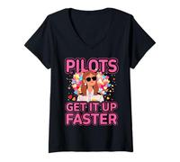 Femme Pilots get it up faster Funny Woman Pilot Avion T-Shirt avec Col en V