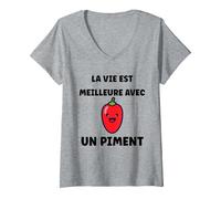 Femme Piments Drole La Vie est Meilleure avec Un Piment T-Shirt avec Col en V, Gris Chiné, M