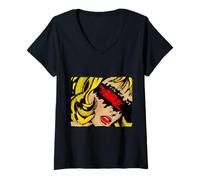 Femme Pin-up Pop Art Style BD Graffiti Tag Étiquette Interdite T-Shirt avec Col en V