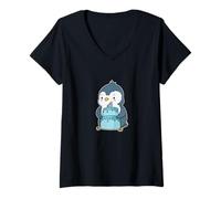 Femme Pingouin avec gâteau d'anniversaire T-Shirt avec Col en V