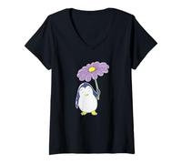 Femme Pingouin avec Une Fleur T-Shirt avec Col en V